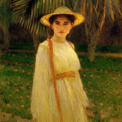 Image similar to a ultradetailed beautiful painting of a girl at night on the amazonas palace by jules bastien - lepage, hans belmer, frank weston and gustave baumann, trending on artstation, mediterranean, palm trees, light sparkles, sharp focus, soft light