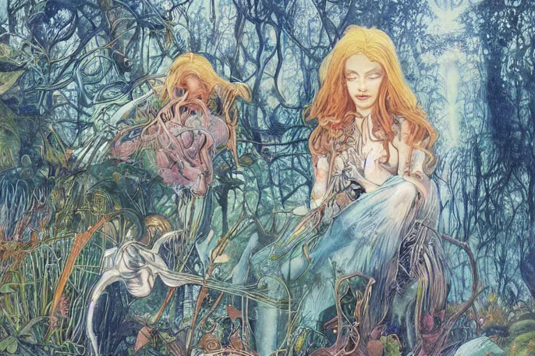 Image similar to realistic detailed portrait painting of a beautiful ghost woman with blond hair with an alien, futuristic sci-fi forest on background by Jean Delville, Amano, Yves Tanguy, Alphonse Mucha, Ernst Haeckel, Edward Robert Hughes, Roger Dean, rich moody colours, blue eyes