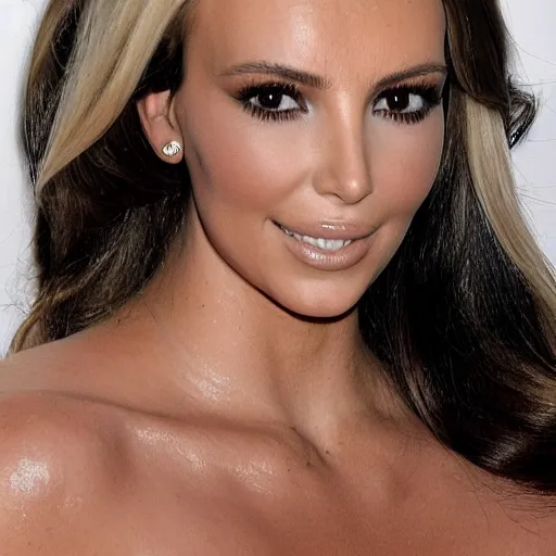 Prompt: a woman who is a genetic combination of kim kardashian and britney spears face and upper - body focus