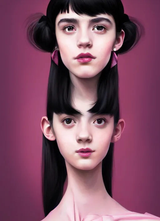 Image similar to portrait of high school girl, realistic, black hair, bangs, half updo hairstyle, pointy nose, skinny, smile, ugly, defined jawline, big chin, pink hair bow, earrings, intricate, elegant, glowing lights, highly detailed, digital painting, artstation, sharp focus, illustration, art by wlop, mars ravelo and greg rutkowski