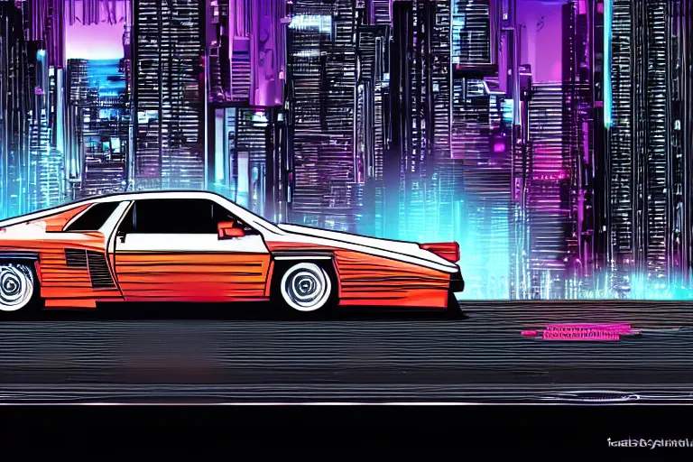 Image similar to 1985 Vector W8 Twin Turbo, city in cyberpunk style movie still, speed, cinematic Eastman 5384 film