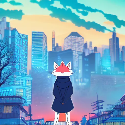 Image similar to key anime visual portrait of a blue anthropomorphic fox furry fursona wearing a bright hoodie, city park in the background at sunset, modern animation still, 4 k