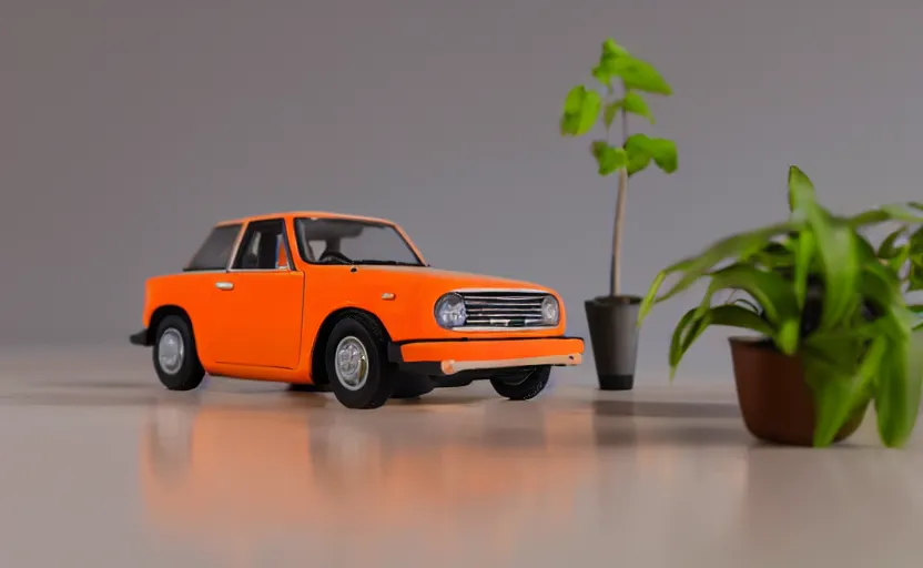 Image similar to a small miniature of a orange Toyota TE27 on a white table near a book and a vase with a plant, hyperrealistic, concept art, octane render, unreal engine 5, path tracing, complementary colors, calm, relaxing, serene, product photo, centered, symmetrical