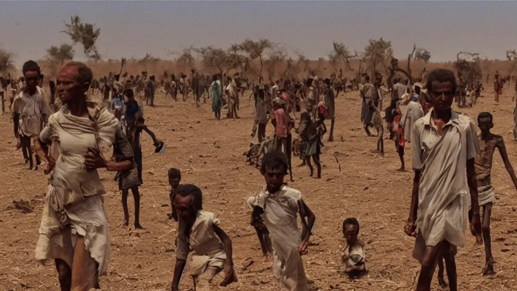 Prompt: 1984 Ethiopian famine and drought, movie scene, illustrative, hd, 4k, wide shot