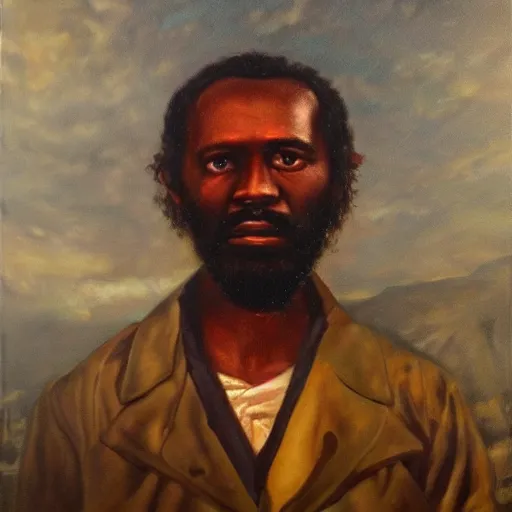 Image similar to Tula the man who freed all the slaves, Tula the man who leads a slave revolution, oil on canvas, realistic painting, dark background, high quality.