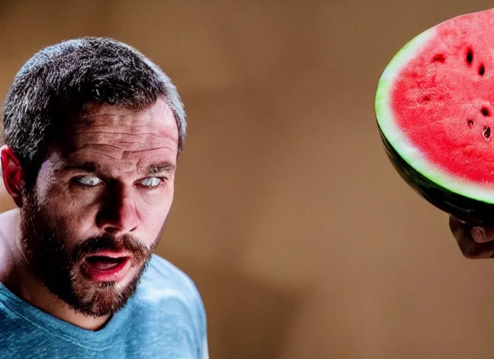 Prompt: film still of a man with a watermelon on his a head in the new horror movie, 4 k