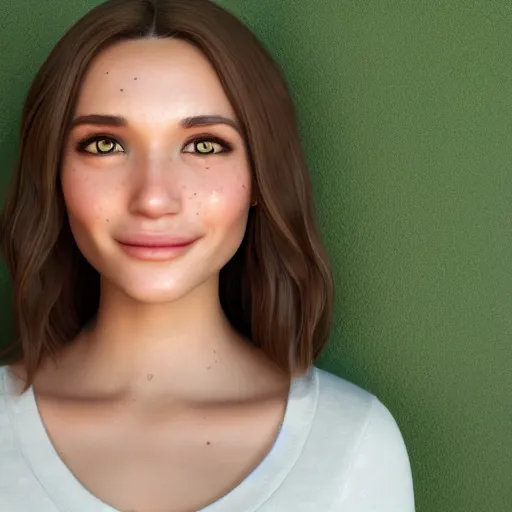 Image similar to Render of April, a cute 3D young woman, bronze brown hair, full round face, green eyes, light tan skin cute freckles, light blush, smiling softly, wearing casual clothing, interior lighting, cozy living room background, medium shot, mid-shot, hyperdetailed, trending on Artstation, Unreal Engine 4k