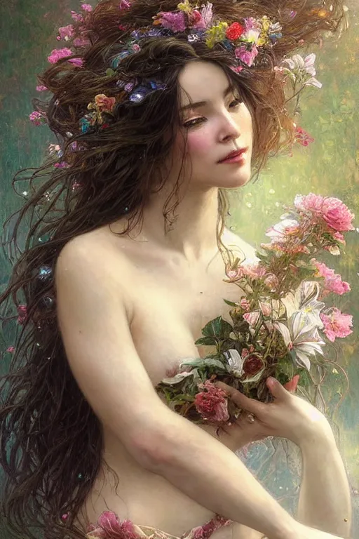 Image similar to portrait of a beautiful mysterious woman holding a bouquet of flowing flowers, wet dripping long hair, hands hidden from view, emerging from the water, fantasy, regal, intricate, by stanley artgerm lau, greg rutkowski, thomas kindkade, alphonse mucha, loish, norman rockwell