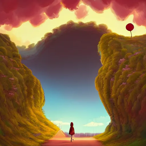 Image similar to giant cherry flower as a head, girl walking in a canyon, surreal photography, sunrise, dramatic light, impressionist painting, colorful clouds, digital painting, artstation, simon stalenhag