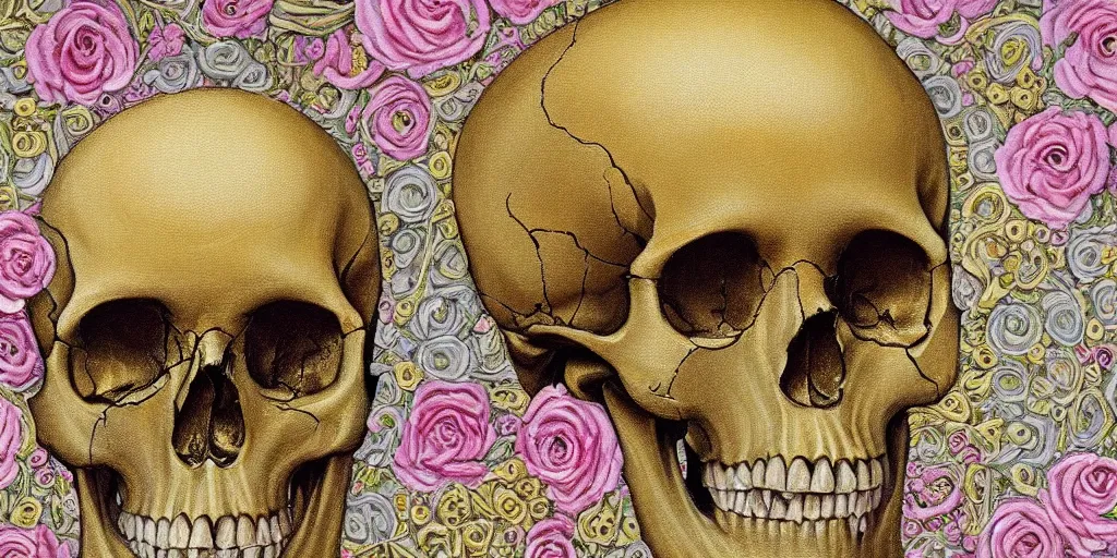 Prompt: a painting of a human skull with delicate ornate golden filigree, surrounded by pastel flowers