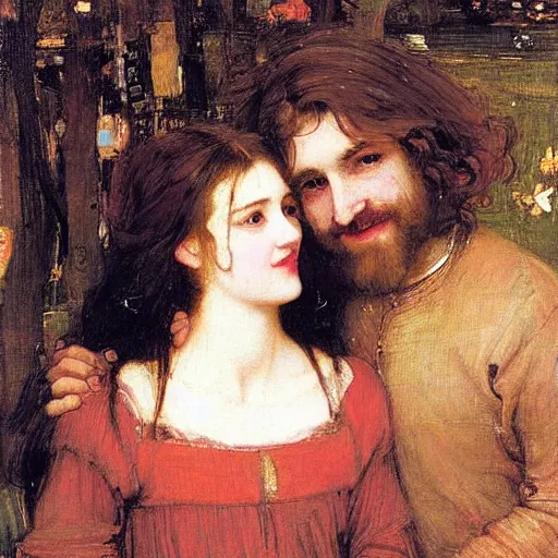 Prompt: black haired woman and man with long blond hair and smiling, john william waterhouse, soft lighting, romantic, love