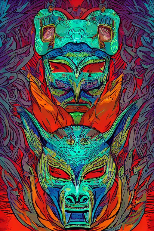 Image similar to animal mask totem roots tribal feather gemstone plant wood rock shaman vodoo video game vector illustration vivid multicolor borderlands comics by josan gonzales and dan mumford radiating a glowing aura