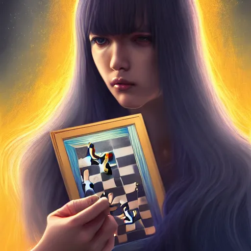 Image similar to rimuru tempest playing chess, with amber eyes of golden colored eyes, straight hair, sky blue hair, long bangs, high collar, concept art, award winning photography, digital painting, splash art, elegant, intricate, cinematic, wlop, 8 k, by ross tran, tom bagshaw, andy warhol