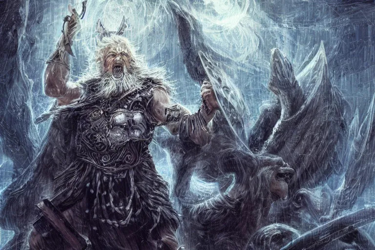 Image similar to mythological Odin all father god of thunder and artificial intelligence creating the first artificial neural network with synapses on an anvil in the ethereal city of valhalla, high resolution, award winning art, trending on art station, sharp image, incredibly detailed, odin all father detailex character