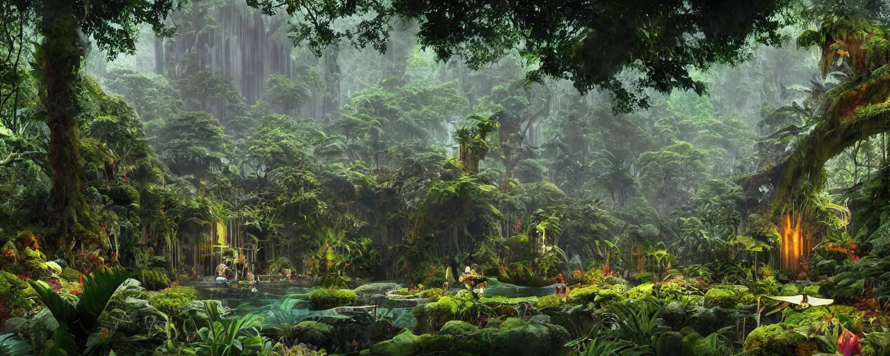 Prompt: a mystic temple in an overgrown rainforest, by roger dean, by syd mead, detailed, meticulous, realistic shadows, rendered in lumion, matte painting