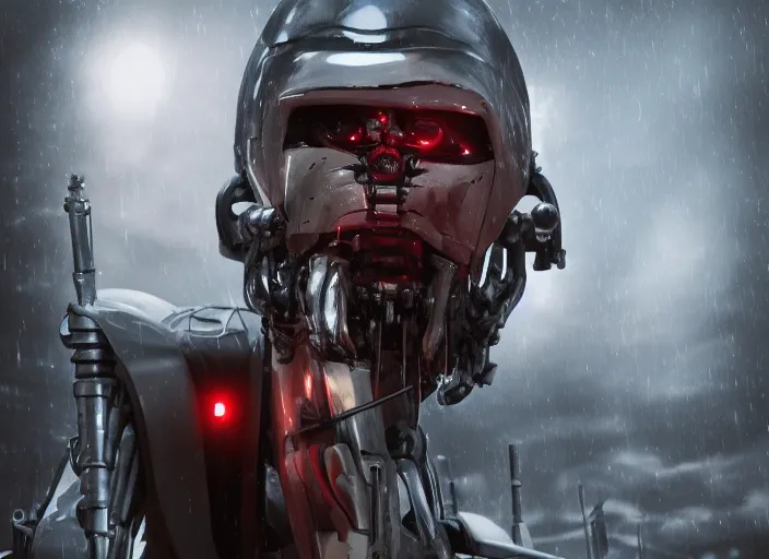 Image similar to 3 5 mm portrait photo of general grievous face with heavy duty biomechanical cybernetic body with 4 arms holding red lightsabers in the city in the rain. cyberpunk horror in the style of george lucas. unreal engine render with nanite and path tracing.