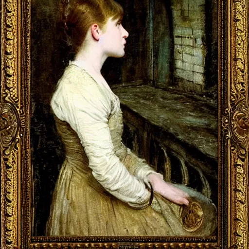 Image similar to young victorian lady lost in a dungeon, by alfred stevens