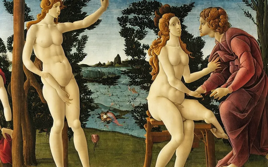 Image similar to sandro botticelli. very soft, delicate light. venus standing on a park bench in a modern city.