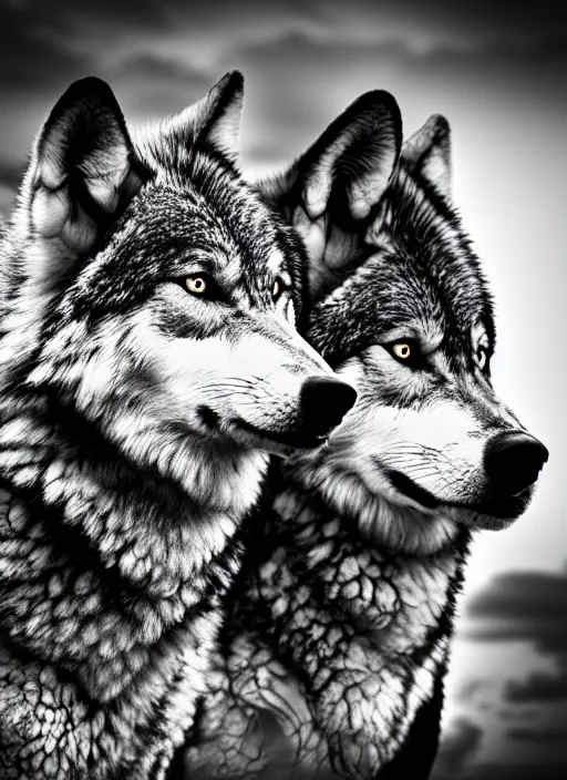 Image similar to two wolves black and white portrait white sky in background