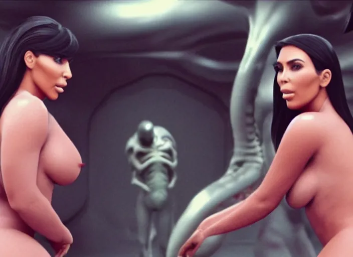 Image similar to film still of kim kardashian waist swallowed being ingested by an xenomorph, alien goo, transparent goo, transparent liquid, saliva, 8 k