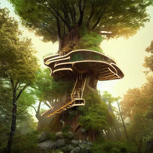 Image similar to ultra realistic and intricate detailed photograph of giant holy tech treehouse, innovation, bright modern style, artstation, unreal render, depth of field, ambient lighting, award winning, stunning