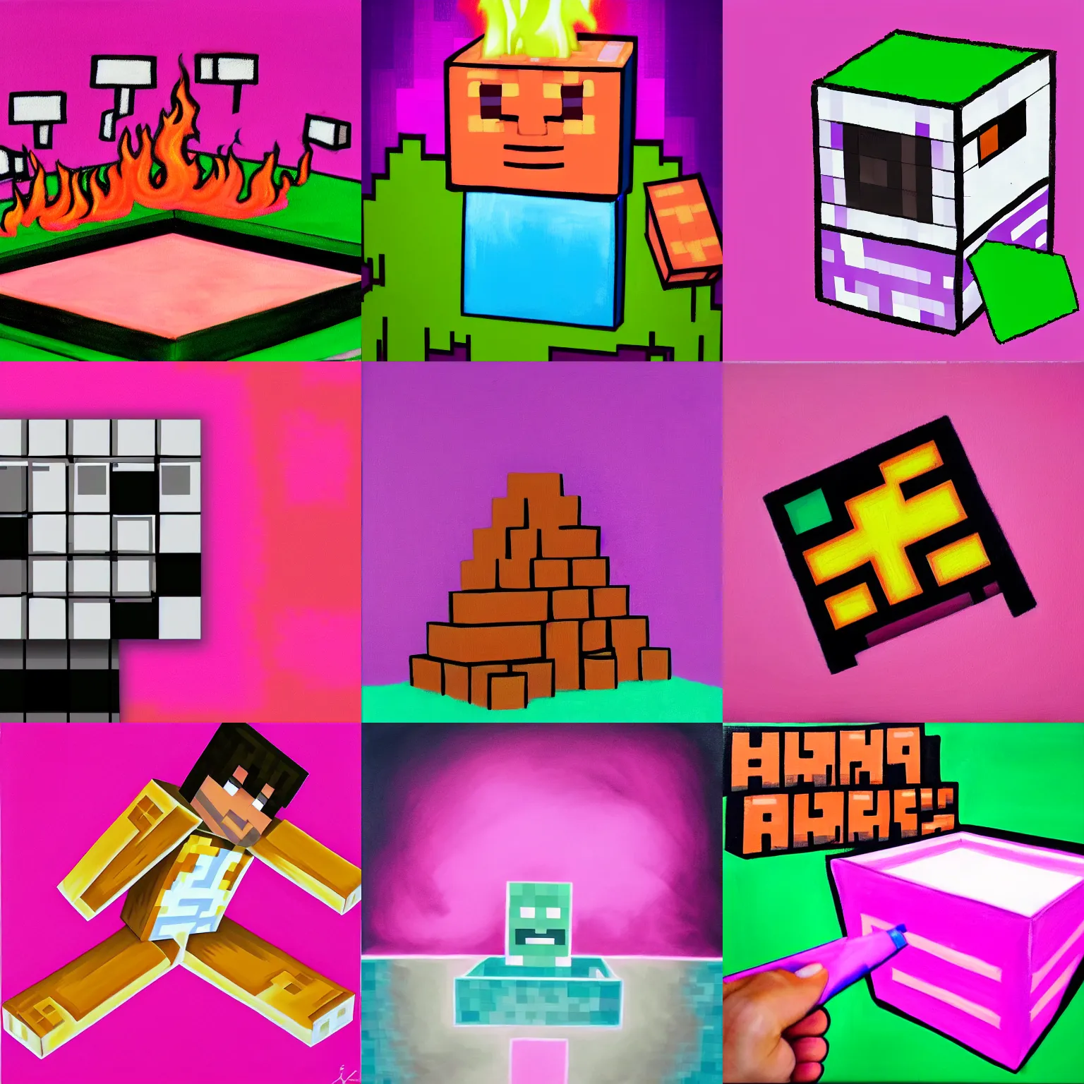 Prompt: painting of burning minecraft blase on pink background