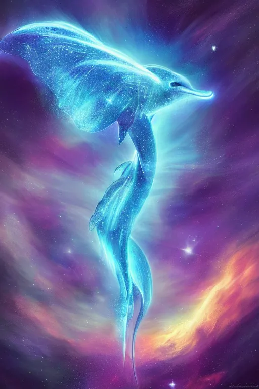 Prompt: Ethereal blue fire dolphin flying through a nebula, Sirius star system, star dust, cosmic, magical, shiny, glow,cosmos, galaxies, stars, outer space, stunning, by andreas rocha and john howe, and Martin Johnson Heade, featured on artstation, featured on behance, golden ratio, ultrawide angle, hyper detailed, photorealistic, epic composition, wide angle, f32, well composed, UE5, 8k