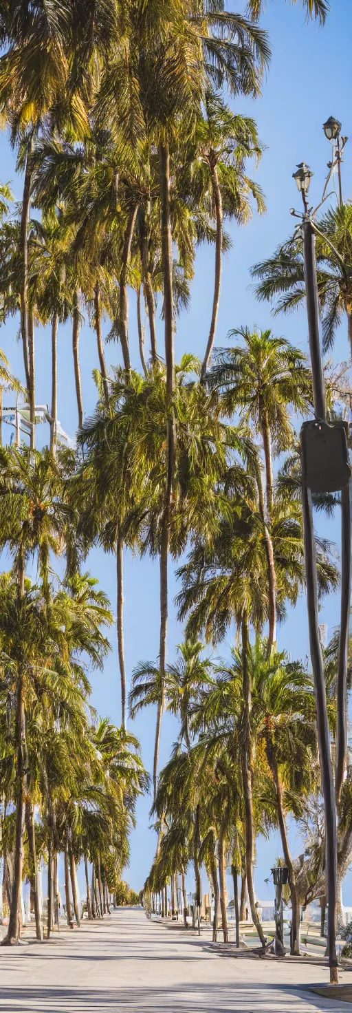 Prompt: depth of field photo of sidewalk with bike path, palm trees, accessible for the disabled, by professional photographer, 8 k resolution, photo, high quality