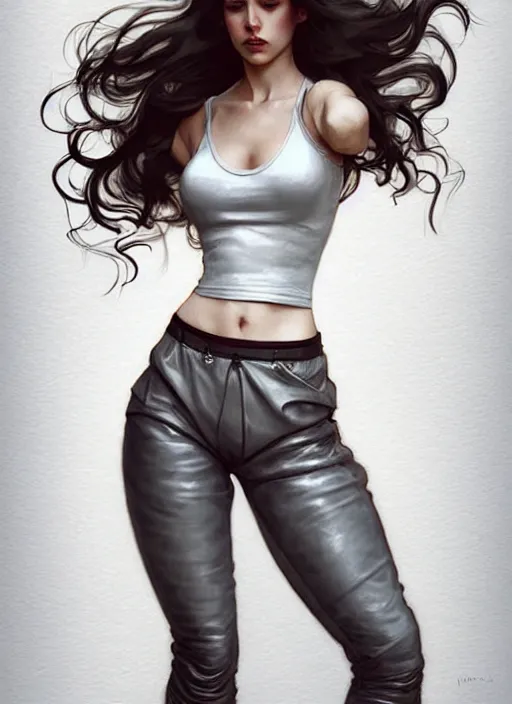 Image similar to girl in very short white! top and very short gray! leather jacket, open belly, long dark curly hair, high waist sweatpants, intricate, elegant, highly detailed, digital painting, artstation, concept art, smooth, illustration, art by artgerm and greg rutkowski and alphonse mucha