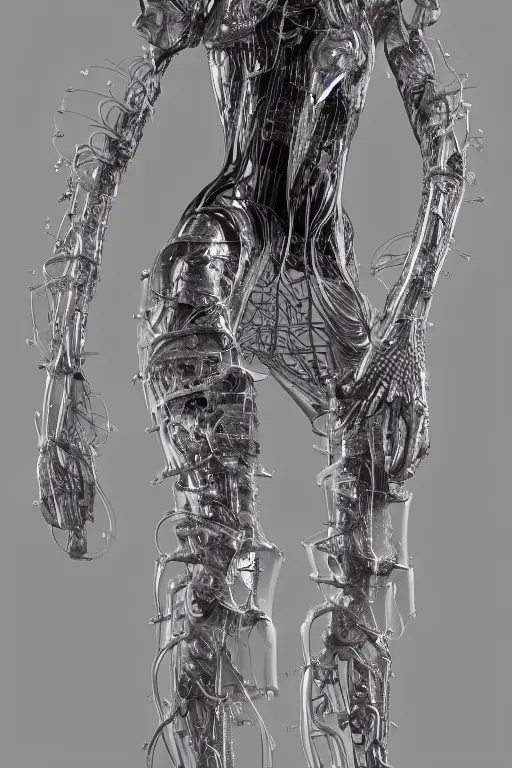 Image similar to iris van herpen, perfect symmetrical body, full body shot, inflateble shapes, wires, tubes, veins, jellyfish, white biomechanical details, wearing epic bionic cyborg implants, masterpiece, intricate, biopunk, vogue, highly detailed, artstation, concept art, cyberpunk, octane render