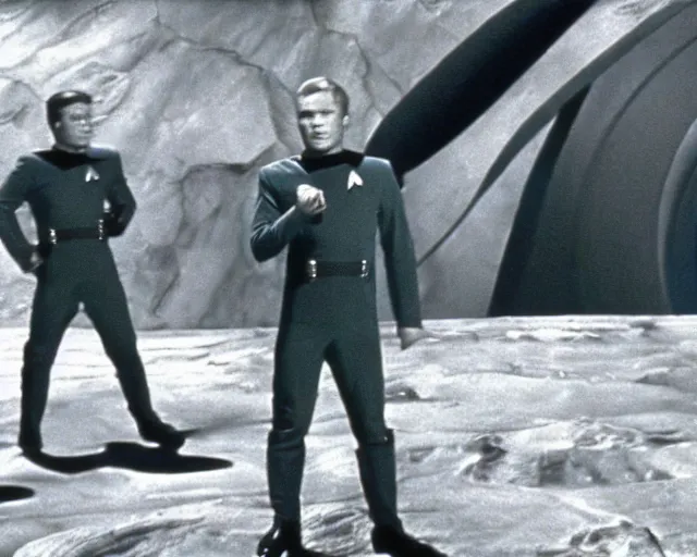 Image similar to film still from star trek, james kirk on an alien planet, 1 9 6 8