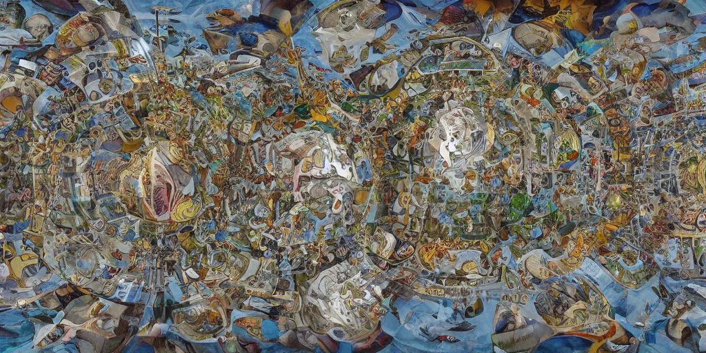 Image similar to full color gradient pattern of escher style 3 6 0 panorama with hieronymus bosch style bubbles with aerial perspective and slight blur around the edges