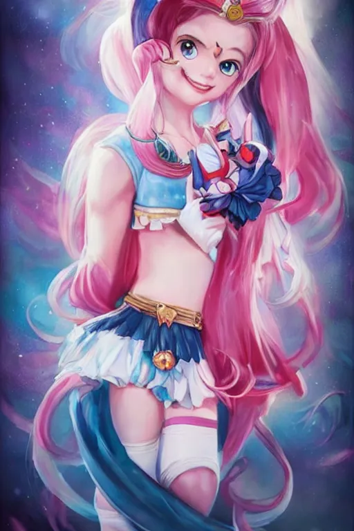 Image similar to a cute little princess inspired by Sailor Moon and Harley Quinn, highly detailed by ross tran, WLOP, artgerm