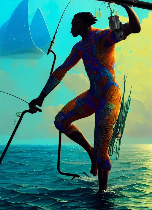 Image similar to portrait of a male jamaican fisherman sci - fi glowing fishing armor fishing rod cyberpunk muscular intricate elegant highly detailed digital painting artstation concept art, ocean background, reggae colors, cinematic, greg rutkowski, loish, rhads, ferdinand knab, makoto shinkai and lois van baarle, ilya kuvshinov, rossdraws, tom bagshaw