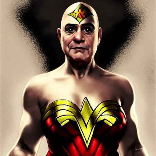 Image similar to danny devito with bald head and wonder woman costume on, digital painting, extremely detailed, 4 k, intricate, brush strokes, mark arian, artgerm, bastien lecouffe - deharme