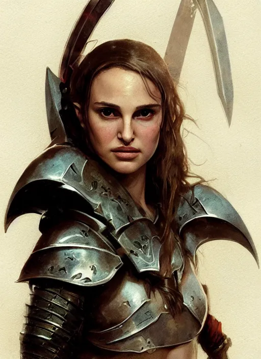 Image similar to young natalie portman, legendary warrior, warframe, lord of the rings, tattoos, decorative ornaments, battle armor, carl spitzweg, ismail inceoglu, vdragan bibin, hans thoma, greg rutkowski, alexandros pyromallis, cute, perfect face, detailed, sharply focused, centered, rule of thirds, photorealistic shading