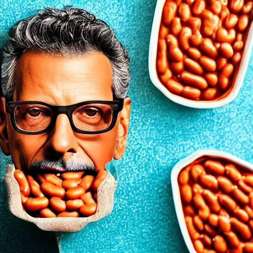 Image similar to jeff goldblum emerging from a pool of baked beans ( sony a 7 r iv, symmetric balance, polarizing filter, photolab, lightroom, 4 k, dolby vision, photography awardm, voque, perfect face )