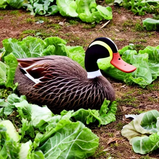 Image similar to duck in park, has skin of cabbage