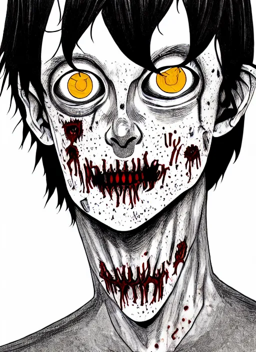 Image similar to junji ito style portrait of zombie teenage jughead jones wearing a light grey crown, zombie, crown, rotting skin, blind eyes, white eyes, crown, black hair, intricate, highly detailed, illustration, art by junji ito