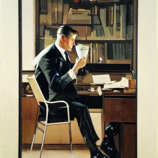 Image similar to man in desk with coffee and black suit by leyendecker and dean cornwell, 8 feet from the camera, 6 0 ´ s bauhaus design futurist furniture