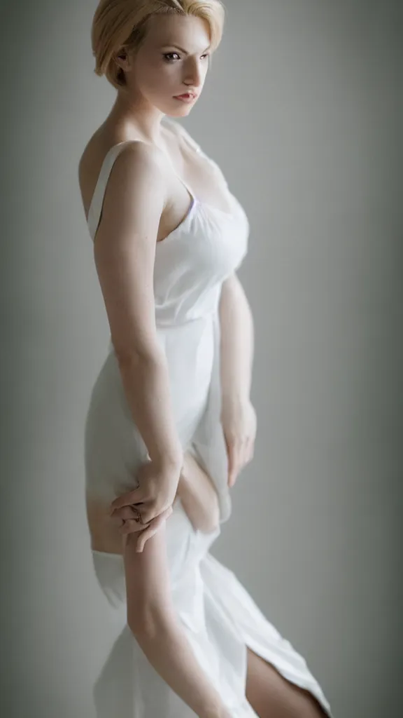 Prompt: an extremely beautiful studio shot of emily skinner looking like annie leonhart, wearing heels and white dress, in a white room, pale skin, bokeh, very very very very beautiful!!, hard focus, sexy pose, full body shot, 9 0 mm, f / 1. 2 5