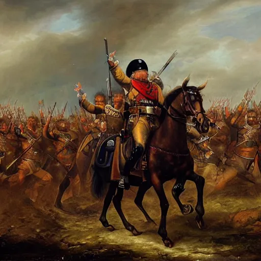 Image similar to found footage of general boris johnson leading his men into battle, glorified image, 8k, oil painting