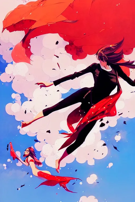 Prompt: a ultradetailed beautiful painting of a stylish woman falling from the sky, by conrad roset, greg rutkowski and makoto shinkai trending on artstation
