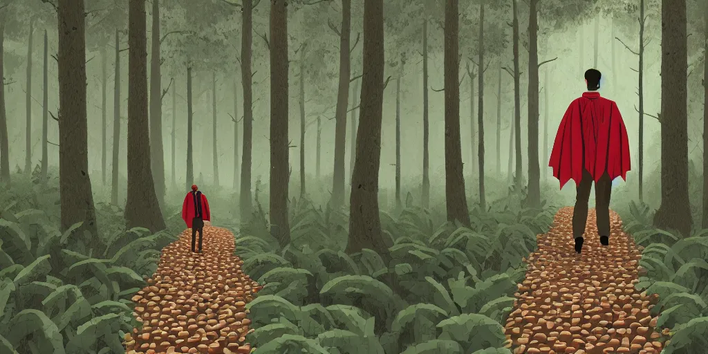 Image similar to a beautiful illustration of a man walking through the forest, he is wearing a cape made out of pinecone scales, by James Gilleard, earthtones, 8k, 4k