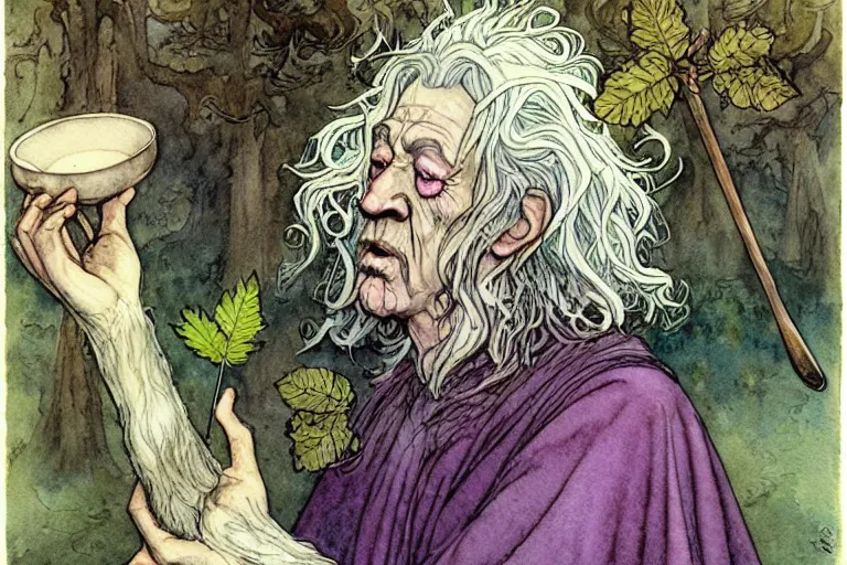 Prompt: a realistic and atmospheric watercolour fantasy character concept art portrait of gandalf with pink eyes freaking out with a pot leaf nearby, by rebecca guay, michael kaluta, charles vess and jean moebius giraud