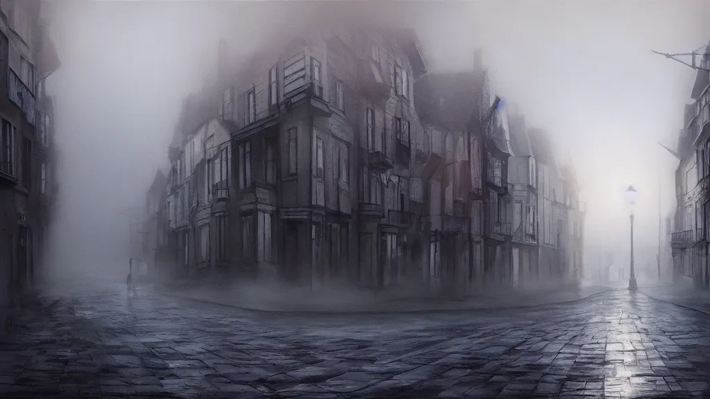 Prompt: the old town with houses in the windows of which the light is on. early morning, fog on ground, wet street. mike barr painting. volumetric light, dull colors, dark, noir arthouse, 3 5 mm, hight detalied, hd, 4 k