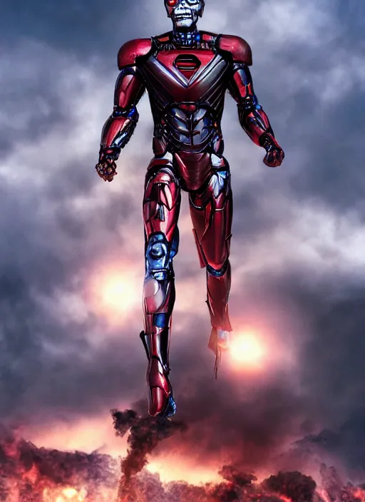 Image similar to a realistic iron superman photo with red eye inspired a movie terminator 2 Judge day , Poster, full body, detailed and realistic, 4k, filmic render