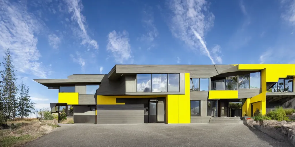 Prompt: large futuristic residence in Washington state, large windows, triangular elements, concrete, blue and yellow metal