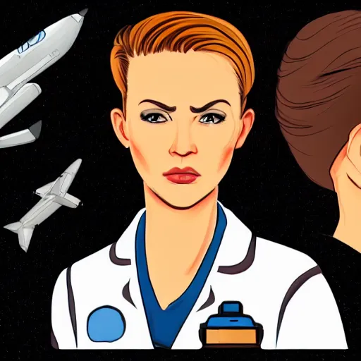 Image similar to character concept art of stoic heroic emotionless handsome blond butch tomboy woman with very short slicked-back hair, no makeup, in dirty and worn flight suit, science fiction, illustration