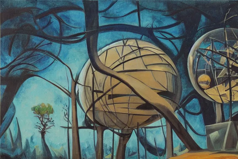 Prompt: spherical tree houses in flooded street ( ( ( ( painting by aaron douglas ) ) ) ) painting by h. r. giger painting by alvar aalto